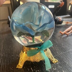 Elegant Blue Rose Glass Sphere with Gold Stand